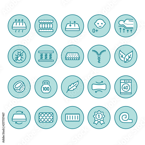 Orthopedic mattress flat line icons. Mattresses properties - anti dust mite, spine support, washable cover, breathable, memory foam, bedding illustrations.