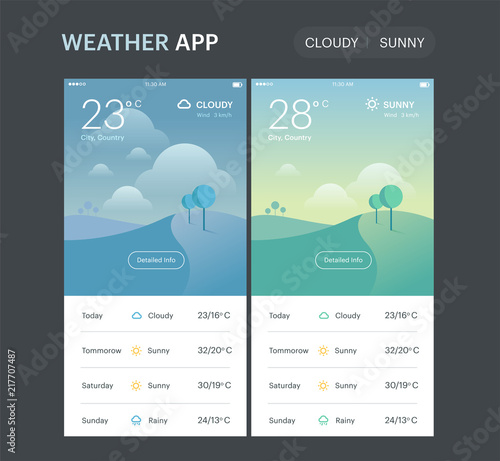 Weather Application Template. Cloudy and sunny screens. UI UX app design. Vector layout.