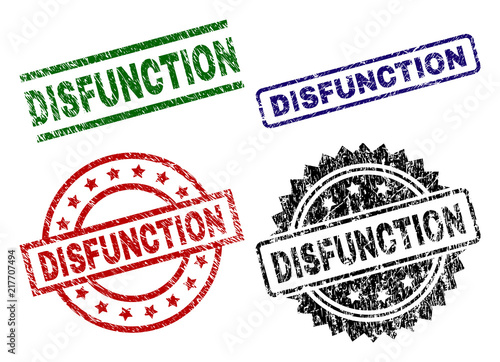 DISFUNCTION seal stamps with corroded texture. Black, green,red,blue vector rubber prints of DISFUNCTION tag with grunge texture. Rubber seals with round, rectangle, medallion shapes.
