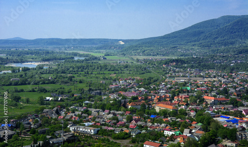 Colorful exalted view from a bird's eye view to houses in residential