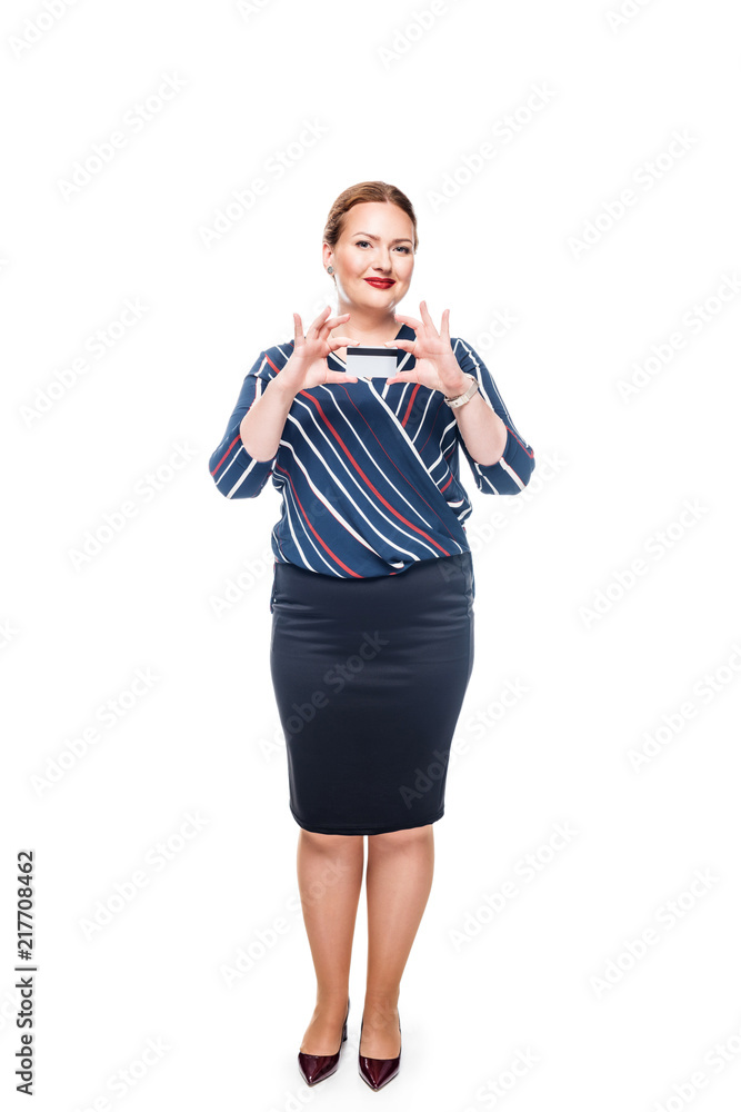 attractive businesswoman presenting credit card isolated on white background attractive businesswoman presenting credit card isolated on white background