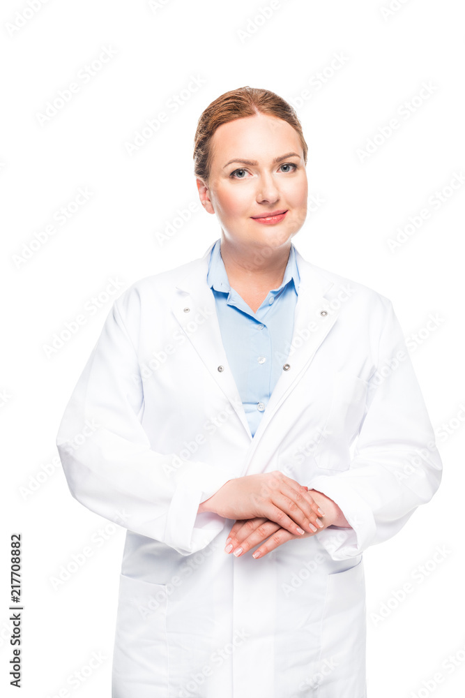 smiling female doctor in white coat looking at camera isolated on white background smiling female doctor in white coat looking at camera isolated on white background