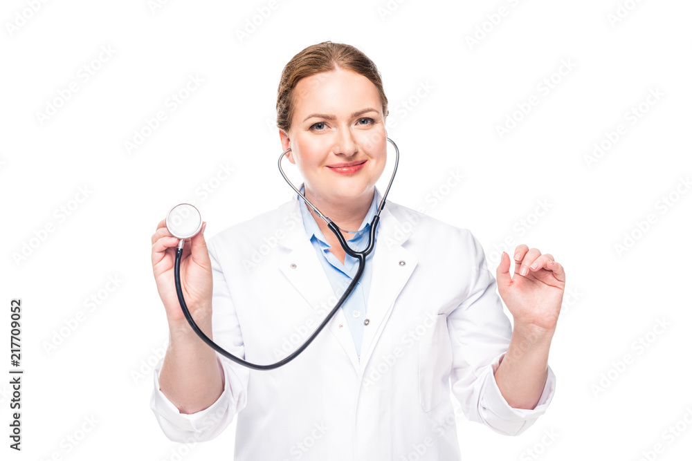 attractive female doctor in white coat with stethoscope isolated on white background attractive female doctor in white coat with stethoscope isolated on white background