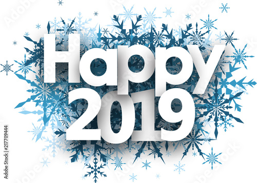 Happy 2019 winter background with blue snowflakes.