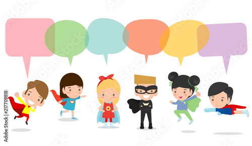 Cute superhero kids with speech bubbles, Set of superhero child with speech bubbles isolated on white background,Vector Illustration