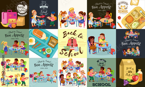 Schoolchildren having lunch, Happy smiling pupils buying and eating dinner in canteen vector illustration.
