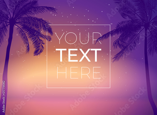 Banner with palm tree and sunset sky and copy space. Vector template with place for your text for poster, banner, invitation. Vector illustration. EPS10