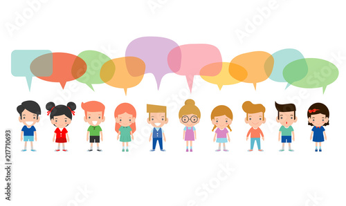 Cute kids with speech bubbles, Set of diverse Kids and Different nationalities with speech bubbles isolated on white background,Vector Illustration