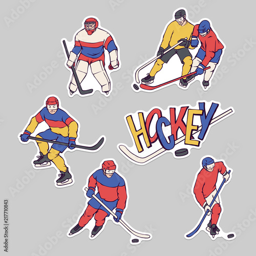 Vector stickers hockey player and goalkeeper in sports uniform. Sportsmans motion with hockey stick and puck in different race. Set outline illustration and inscription letters