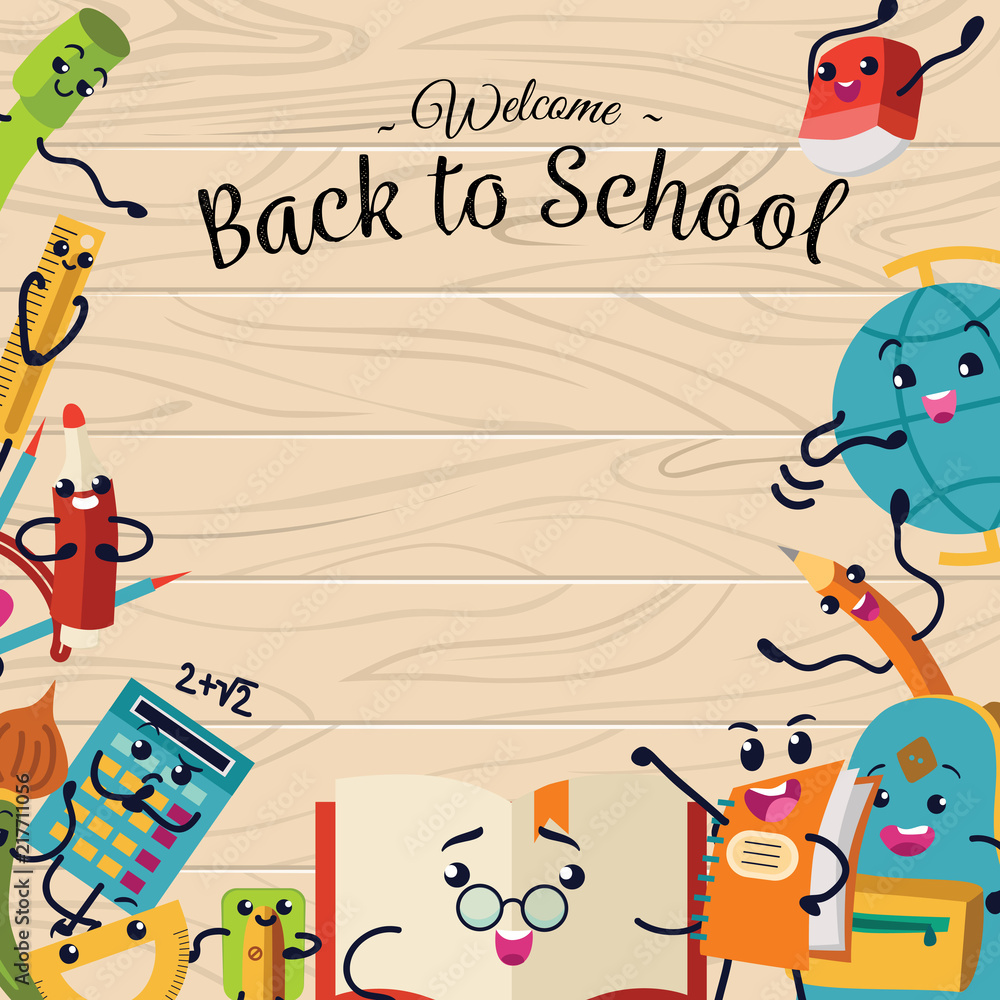 Fototapeta premium Back to school poster, Welcome colorful template with stationery supplies.