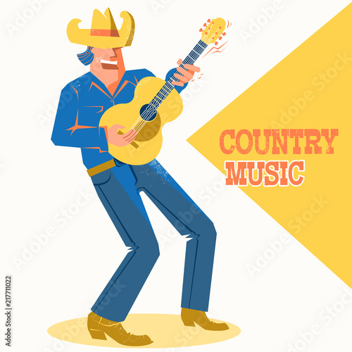 Musician singer man in cowboy hat palying the guitar. Country music concert poster
