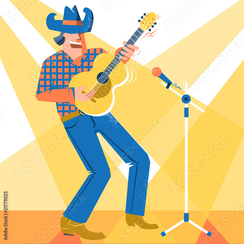 Musician singer man in cowboy hat palying the guitar. Country music concert festival
