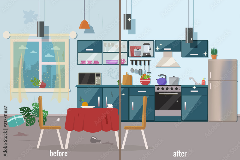 Kitchen before and after cleaning vector flat illustration.