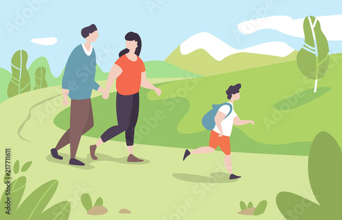 Vector illustration young family with kid walking in park outdoor nature in moden flat style