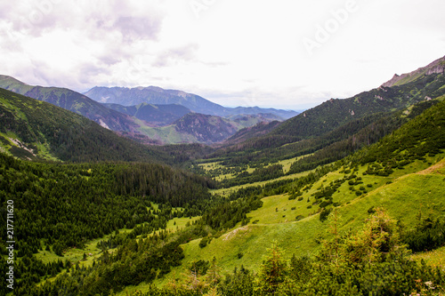 panorama from green beskid mountains ,high tatra, with lake and waterfalls