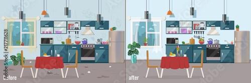 Kitchen before and after cleaning vector flat illustration.
