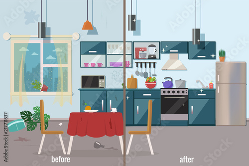 Kitchen before and after cleaning vector flat illustration.
