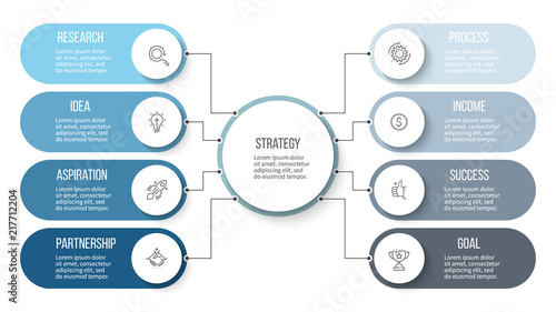 Business infographic. Organization chart with 8 options. Vector template.