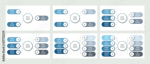 Business infographics. Organization charts with 3, 4, 5, 6, 7, 8 options. Vector template.