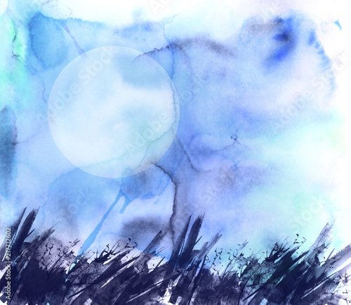 Watercolor background, pattern, illustration. black grass, wild plants,full moon. The pattern is blue with a place for your design. Countryside landscape, field, meadow. Night landscape.