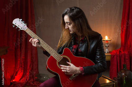 Girl steampunk theme, Lady in black beautiful portrait, Punk rock Portrait, Red Guitar