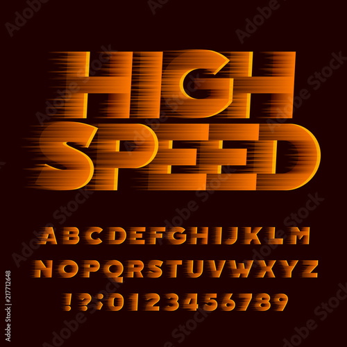 High speed alphabet font. Wind effect oblique type letters and numbers. Stock vector typeface.