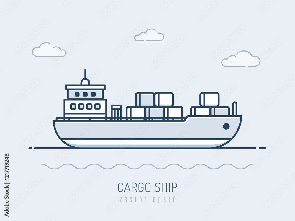 Delivery cargo ship loaded with containers vector illustration in mono line art style Delivery cargo ship loaded with containers vector illustration in mono line art style