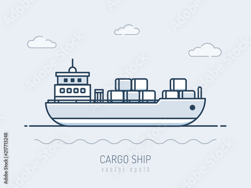 Delivery cargo ship loaded with containers vector illustration in mono line art style