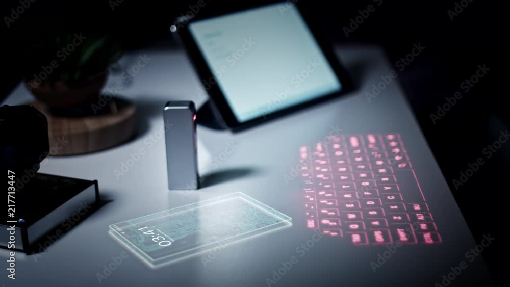 4K Virtual Laser Projection Keyboard In Office with Phone Animation 4K Virtual Laser Projection Keyboard In Office with Phone Animation