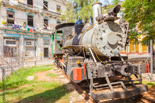 Museum of old steam train locomotives, used on Cuba's sugar plantations at the Parque de los Agrimensores next to the train station "Estacion Central de Ferrocarriles" in Havana, Cuba. October 2016.