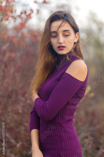 Girl in lilac dress on nature in autumn, Portrait of a beautiful girl in the autumn in the forest