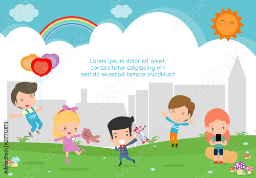 Vector Illustration Of Kids Playing Outside, happy children Playing park
