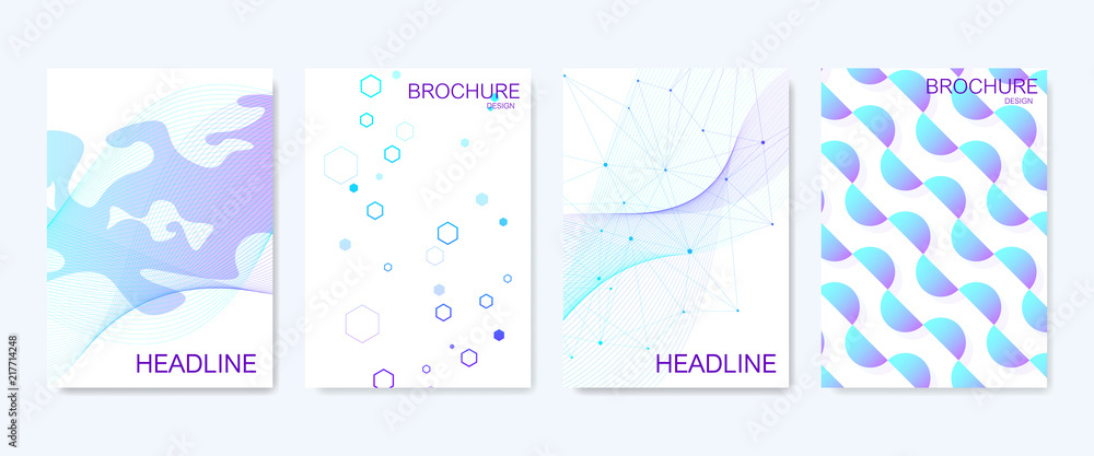 Modern vector templates for brochure, cover, banner, flyer, annual report, leaflet. Abstract art composition with hexagons, connecting lines and dots. Wave flow. Digital technology or medical concept.