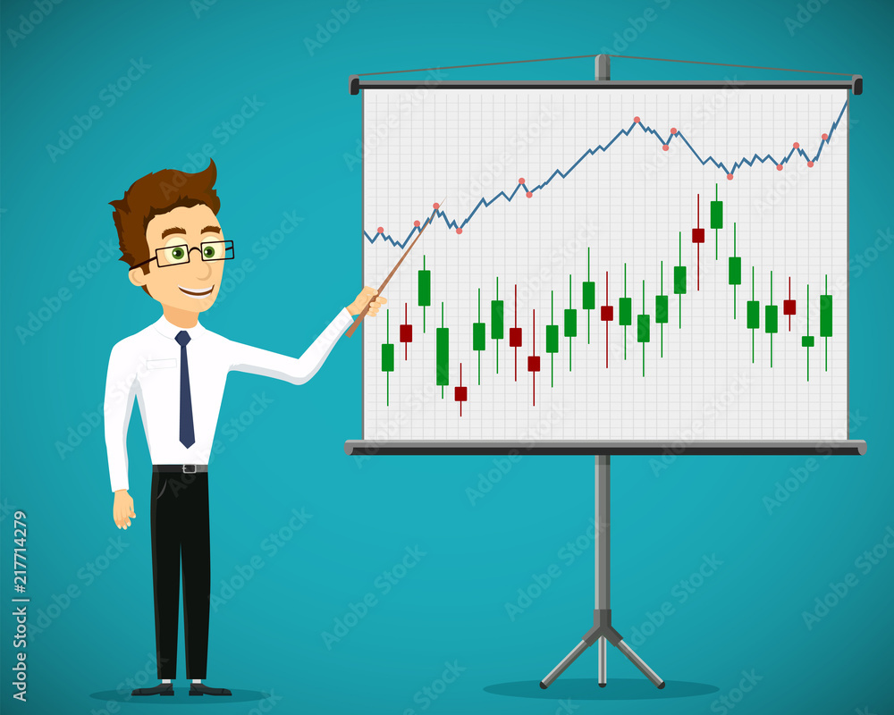 Man shows a financial graphs and charts on flipchart. Man shows a financial graphs and charts on flipchart.