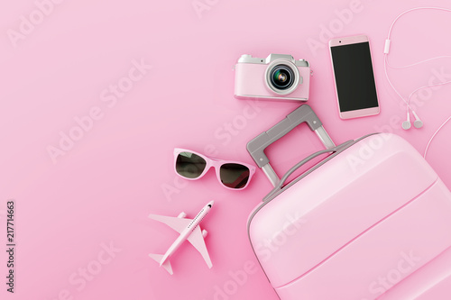 Flat lay pink suitcase with traveler accessories on pastel pink background. travel concept. 3d rendering