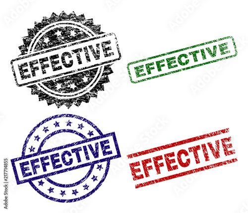 EFFECTIVE seal prints with corroded style. Black, green,red,blue vector rubber prints of EFFECTIVE tag with dust style. Rubber seals with circle, rectangle, rosette shapes.