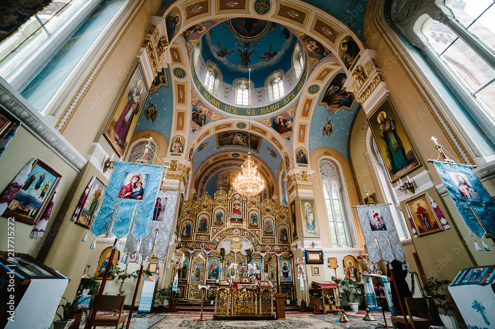 Orthodox Church. church icons, religion. Christianity. Church from the middle, church throne, altar.