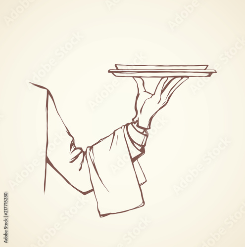 Hand of waiter with dish. Vector drawing