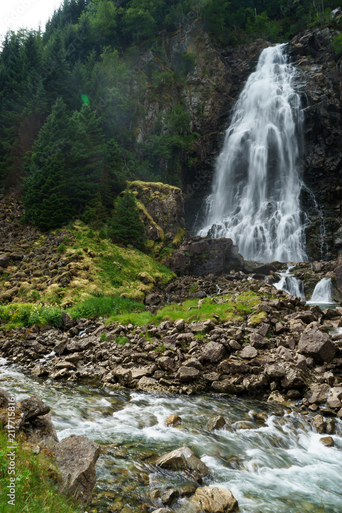 Fototapeta Beautiful waterfall in Norway fjords