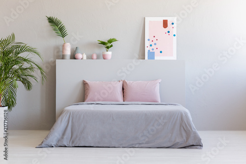 Poster and plants on bedhead of bed with pink cushions in grey bedroom interior. Real photo photo