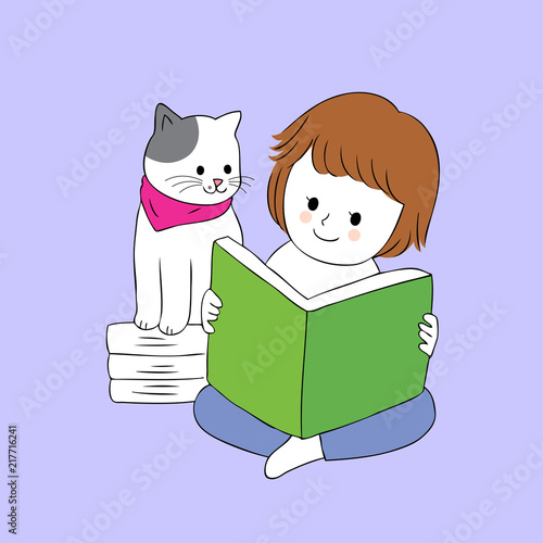 Cartoon cute girl and cat reading book vector.