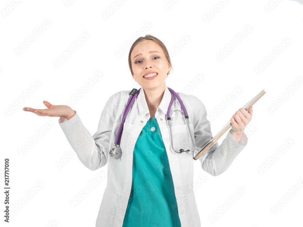 Young beautiful female doctor with stethoscope showing sorry sign. Young beautiful female doctor with stethoscope showing sorry sign.