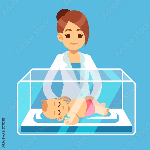 Pediatrician doctor and little newborn baby inside incubator box in hospital. Neonatal, prematurity, child care medical vector concept