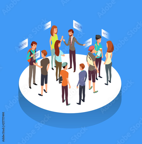 Internet forum. People communication, talking friends and society isometric vector concept