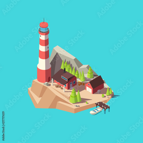 Isometric lighthouse. Island with tower and house, trees and boat at sea. 3d lighthouse tower vector illustration