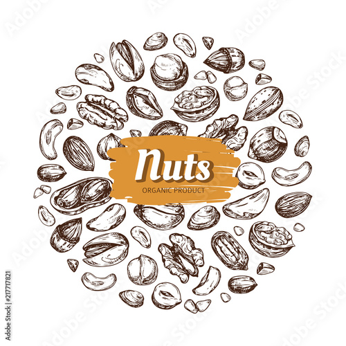 Eating nut label. Hand drawn nuts and seeds vector emblem isolated on white background