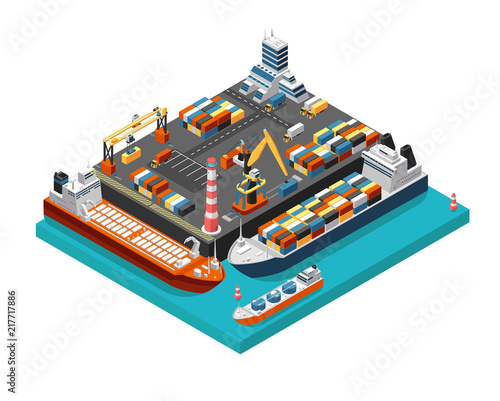 Isometric 3d seaport terminal with cargo ships, cranes and containers in harbor aerial view. Shipping industry vector concept photo