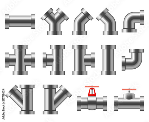 Silver pipes. Aluminum and chrome pipeline. Pipe fittings, water tube vector set