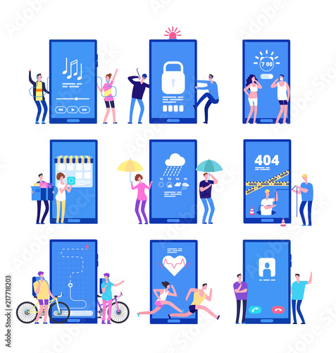 Phone app concept. Men and women standing near big cell phones with mobile apps on screen. Vector concept