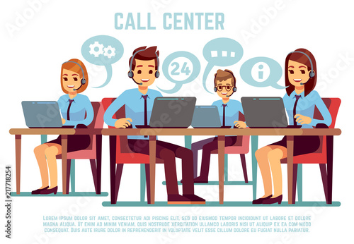 Group of operators with headset supporting people in call center office. Business support and telemarketing vector concept